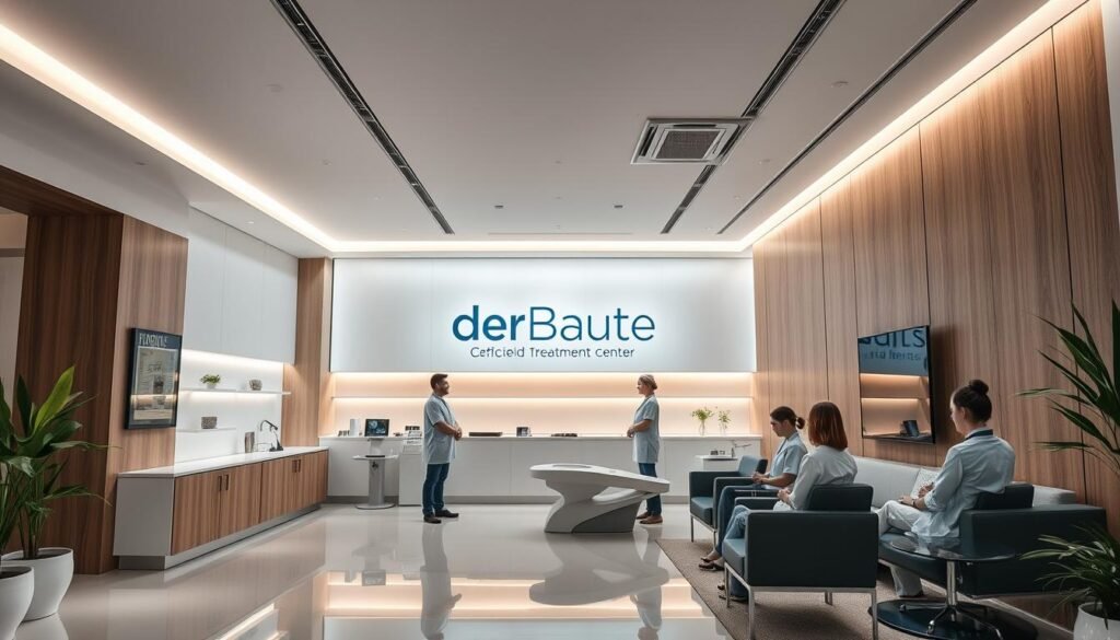 A modern, sleek medical facility with a warm, welcoming atmosphere. The interior features clean lines, natural wood accents, and soft lighting that creates a calming ambiance. The "derBeaute" logo is prominently displayed, signifying its status as an official certified treatment center. Patients are greeted by a friendly staff in professional medical attire. The space is designed to put visitors at ease, with comfortable seating and discreet medical equipment seamlessly integrated into the overall aesthetic. A sense of professionalism, expertise, and trust pervades the environment. A modern, sleek medical facility with a warm, welcoming atmosphere. The interior features clean lines, natural wood accents, and soft lighting that creates a calming ambiance. The "derBeaute" logo is prominently displayed, signifying its status as an official certified treatment center. Patients are greeted by a friendly staff in professional medical attire. The space is designed to put visitors at ease, with comfortable seating and discreet medical equipment seamlessly integrated into the overall aesthetic. A sense of professionalism, expertise, and trust pervades the environment.