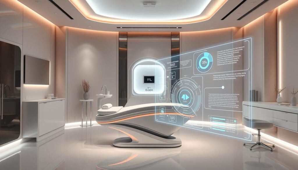 A sleek, futuristic beauty clinic interior with advanced AI-powered smart technology. The centerpiece is the derBeaute BTL Exion treatment station, its smooth metallic curves and glowing panels suggesting cutting-edge innovation. Soft ambient lighting bathes the scene in a serene, clinical atmosphere. In the foreground, a holographic display showcases real-time data visualizations of the AI's skin analysis and treatment recommendations. The background features minimalist, high-tech decor with clean lines and muted tones, creating a sense of sophisticated, forward-thinking design. A sleek, futuristic beauty clinic interior with advanced AI-powered smart technology. The centerpiece is the derBeaute BTL Exion treatment station, its smooth metallic curves and glowing panels suggesting cutting-edge innovation. Soft ambient lighting bathes the scene in a serene, clinical atmosphere. In the foreground, a holographic display showcases real-time data visualizations of the AI's skin analysis and treatment recommendations. The background features minimalist, high-tech decor with clean lines and muted tones, creating a sense of sophisticated, forward-thinking design.