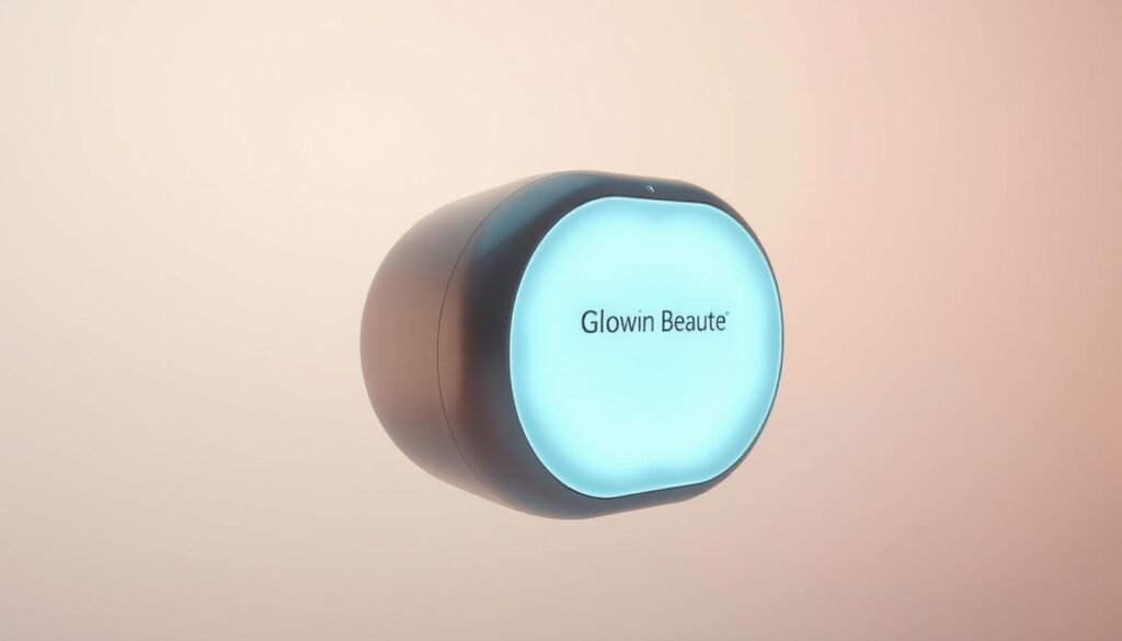 A sleek, futuristic device with the Glowin Beaute brand name prominently displayed, floating against a serene backdrop of soft, pastel hues. The device is composed of clean, minimalist lines and glossy, reflective surfaces that emit a gentle, soothing glow. The lighting is soft and diffused, creating a sense of tranquility and sophistication. The camera angle is slightly elevated, allowing the device to be the focal point, showcasing its unique and innovative design. The overall mood is one of technological elegance and wellness, perfectly capturing the essence of the "Oligio X 原美電波" treatment.