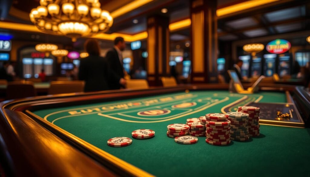 A sophisticated table in a dimly lit casino setting, with a classic green felt surface and polished wood and brass details. Warm lighting casts a golden glow, creating an atmosphere of anticipation and strategic contemplation. On the table, UTown-branded gaming chips in various denominations are artfully arranged, suggesting the careful planning of a seasoned gambler's betting strategy. In the background, a blurred silhouette of other players and the casino's opulent decor hint at the bustling energy of the AT99 gaming hall. The overall scene conveys a sense of calculated risk-taking and the thrill of high-stakes baccarat gameplay. A sophisticated table in a dimly lit casino setting, with a classic green felt surface and polished wood and brass details. Warm lighting casts a golden glow, creating an atmosphere of anticipation and strategic contemplation. On the table, UTown-branded gaming chips in various denominations are artfully arranged, suggesting the careful planning of a seasoned gambler's betting strategy. In the background, a blurred silhouette of other players and the casino's opulent decor hint at the bustling energy of the AT99 gaming hall. The overall scene conveys a sense of calculated risk-taking and the thrill of high-stakes baccarat gameplay.