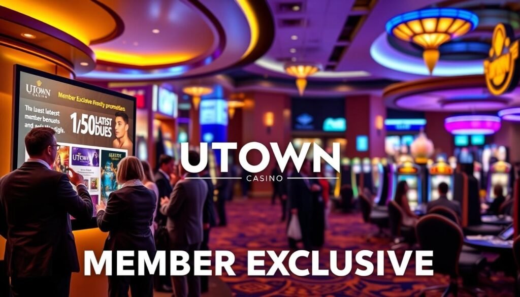 A vibrant, visually striking image of a modern casino's member-exclusive promotion. In the foreground, a group of smartly dressed casino patrons excitedly engage with an interactive display showcasing the latest member benefits and bonuses, bathed in warm, inviting lighting. In the middle ground, the sleek, sophisticated UTown casino logo stands prominently, conveying a sense of exclusivity and luxury. The background features a lively, dynamic scene of the casino's gaming floor, complete with the alluring glow of slot machines and the energy of players at the tables. The overall atmosphere evokes a feeling of excitement, privilege, and the thrill of the UTown gaming experience. A vibrant, visually striking image of a modern casino's member-exclusive promotion. In the foreground, a group of smartly dressed casino patrons excitedly engage with an interactive display showcasing the latest member benefits and bonuses, bathed in warm, inviting lighting. In the middle ground, the sleek, sophisticated UTown casino logo stands prominently, conveying a sense of exclusivity and luxury. The background features a lively, dynamic scene of the casino's gaming floor, complete with the alluring glow of slot machines and the energy of players at the tables. The overall atmosphere evokes a feeling of excitement, privilege, and the thrill of the UTown gaming experience.