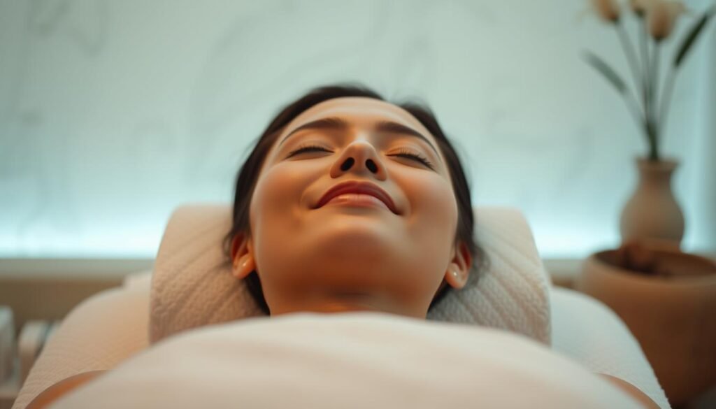 Generate an image of a person undergoing an Oligio X 原美電波 treatment with a comfortable and relaxed expression.