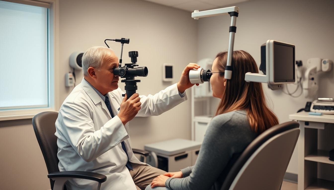 A clinical examination room with advanced medical equipment, including an otoscope, audiometer, and other diagnostic tools. The patient sits comfortably as the doctor performs a comprehensive ear assessment, meticulously checking for any signs of fluid imbalance or inner ear disturbances. The room is well-lit, with a calming, professional atmosphere. The doctor's movements are precise and focused, evaluating the patient's condition with the utmost care and attention to detail. The image captures the essence of the diagnostic process, conveying the importance of thorough examination in optimizing the treatment of ear water imbalance.