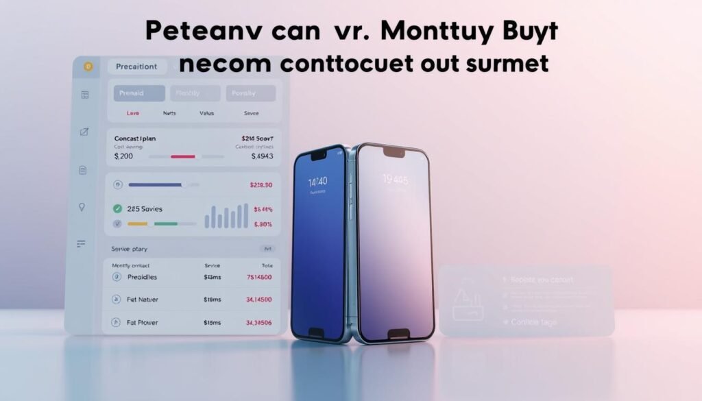 A highly detailed and realistic illustration of "Telecombrother's" comparison of prepaid and monthly plan telecom contract buyout offers. The foreground features a clean, minimalist dashboard-style interface with toggles, sliders, and data visualizations highlighting the key differences in cost savings, contract flexibility, and service perks. The middle ground showcases a 3D rendering of two smartphones, one representing a prepaid plan and the other a monthly contract, along with icons denoting their respective features. The background is a soft, blurred gradient in Telecombrother's brand colors, creating a sense of depth and emphasis on the informative central elements. The overall mood is one of clarity, professionalism, and utility, reflecting the practical nature of the subject matter.