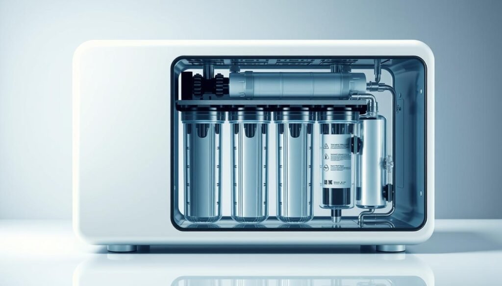 A professional-grade water purifier in a cutaway view, with the internal filtration mechanisms prominently displayed. The purifier should have a sleek, modern design with clean lines and a minimalist aesthetic. The filters should be highlighted, showcasing their advanced technology and effectiveness in removing common water pollutants. The image should convey a sense of scientific precision and engineering excellence, reflecting the expertise and capabilities of the water purification system. Soft, directional lighting should emphasize the intricate components and create a sense of depth and dimensionality. The overall composition should balance technical detail with an attractive, visually compelling presentation. A professional-grade water purifier in a cutaway view, with the internal filtration mechanisms prominently displayed. The purifier should have a sleek, modern design with clean lines and a minimalist aesthetic. The filters should be highlighted, showcasing their advanced technology and effectiveness in removing common water pollutants. The image should convey a sense of scientific precision and engineering excellence, reflecting the expertise and capabilities of the water purification system. Soft, directional lighting should emphasize the intricate components and create a sense of depth and dimensionality. The overall composition should balance technical detail with an attractive, visually compelling presentation.