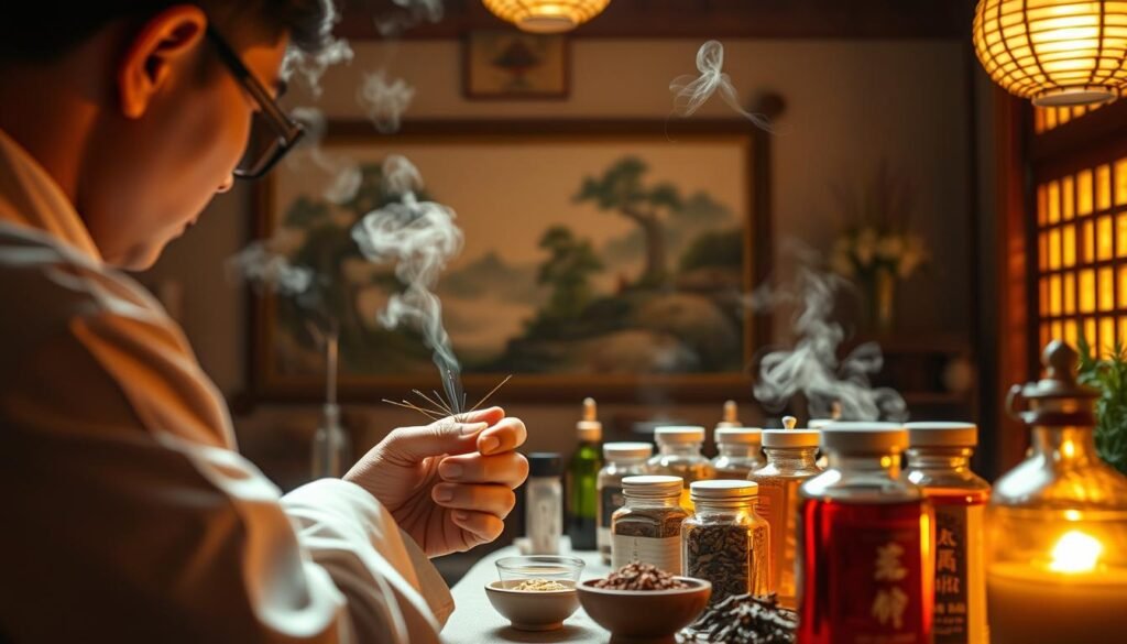 A traditional Chinese medicine clinic, illuminated by warm, golden lighting. In the foreground, a skilled practitioner inspects acupuncture needles, poised to address the root causes of the patient's tinnitus. In the middle ground, an array of herbal remedies and tonics, their vibrant colors and textures reflecting the natural healing properties within. The background reveals a serene landscape painting, evoking a sense of tranquility and balance - the essence of this ancient approach to wellness. Subtle steam rises, hinting at the soothing, therapeutic experience to come. This image captures the holistic, time-honored methods of traditional Chinese medicine, offering a glimpse into the tranquil world of tinnitus relief.