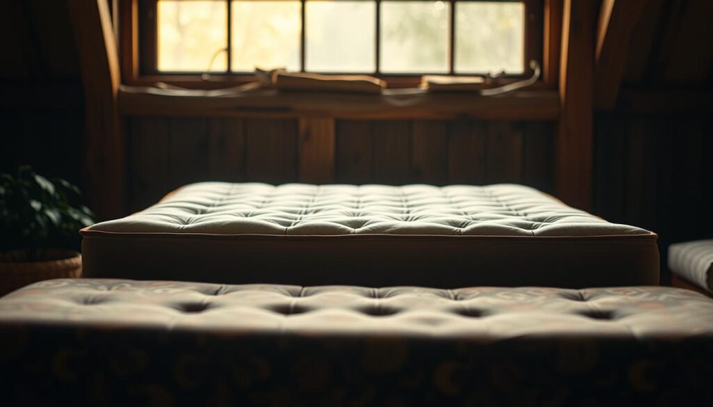 A vintage, hand-crafted mattress with intricate tufting and a soft, plush surface. The mattress is elevated on a simple, wooden frame, creating a sense of timeless elegance. Warm, natural lighting filters through a window, casting a gentle glow on the scene. In the foreground, the mattress is adorned with a luxurious, patterned textile, hinting at the comfort and support it provides. In the background, a cozy, rustic atmosphere sets the stage, with wooden beams and a hint of natural foliage visible. The overall scene conveys the history and evolution of the "護脊床褥", as crafted by StylesMaven.