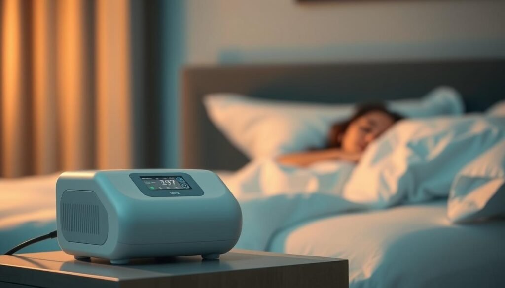 A well-designed iCareCPAP sleep apnea machine resting on a nightstand, its sleek white casing and digital display prominently featured. The machine is positioned in the foreground, with a soft, warm lighting illuminating it from the side, creating subtle shadows that accentuate its form. In the middle ground, a comfortable-looking bed with crisp, white linens invites the viewer to imagine the machine in use, helping the user achieve a restful night's sleep. The background is blurred, suggesting a calming, bedroom-like environment, with muted tones and hints of soft, ambient lighting. The overall scene conveys a sense of tranquility and the importance of proper sleep apnea treatment. A well-designed iCareCPAP sleep apnea machine resting on a nightstand, its sleek white casing and digital display prominently featured. The machine is positioned in the foreground, with a soft, warm lighting illuminating it from the side, creating subtle shadows that accentuate its form. In the middle ground, a comfortable-looking bed with crisp, white linens invites the viewer to imagine the machine in use, helping the user achieve a restful night's sleep. The background is blurred, suggesting a calming, bedroom-like environment, with muted tones and hints of soft, ambient lighting. The overall scene conveys a sense of tranquility and the importance of proper sleep apnea treatment.