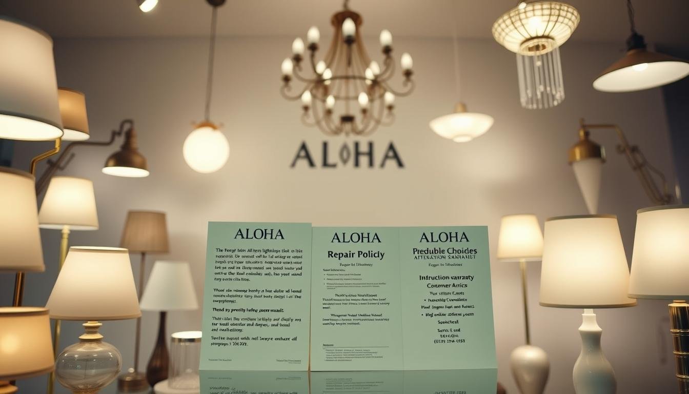 A well-lit display of various Aloha brand lighting products, showcasing their repair policies and customer service information. The foreground features an array of lamps, chandeliers, and sconces against a clean, minimalist background. The middle ground includes product warranty cards, instruction manuals, and a service contact number. The background subtly depicts a modern, elegant interior setting to highlight the high-quality nature of the Aloha lighting line. Lighting is soft and diffused, creating a warm, inviting atmosphere that reflects the reliable and customer-centric nature of Aloha's after-sales support.