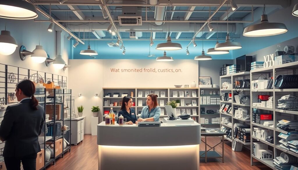A well-lit, modern showroom with a variety of high-quality Aloha lighting fixtures on display. The middle ground features a customer service counter with friendly staff assisting a customer, demonstrating the post-sale support process. In the background, shelves are stocked with replacement parts and accessories, conveying the comprehensive after-sales service. Soft, warm lighting illuminates the space, creating a welcoming atmosphere. The scene emphasizes Aloha's commitment to customer satisfaction through reliable repair services and readily available spare components. A well-lit, modern showroom with a variety of high-quality Aloha lighting fixtures on display. The middle ground features a customer service counter with friendly staff assisting a customer, demonstrating the post-sale support process. In the background, shelves are stocked with replacement parts and accessories, conveying the comprehensive after-sales service. Soft, warm lighting illuminates the space, creating a welcoming atmosphere. The scene emphasizes Aloha's commitment to customer satisfaction through reliable repair services and readily available spare components.