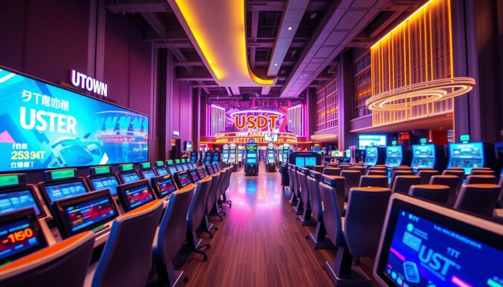 A brightly lit, contemporary game hall at UTown Entertainment City. The foreground features rows of sleek, high-tech gaming stations with USDT-enabled interfaces, inviting players to immerse themselves in a variety of captivating digital experiences. The middle ground showcases vibrant neon signage and interactive displays, creating an energetic, futuristic atmosphere. In the background, a panoramic view of the game hall reveals a spacious, open-concept layout with towering ceilings and modern architectural elements. Warm, diffused lighting and a touch of motion blur convey a sense of excitement and anticipation, beckoning visitors to explore and potentially earn rewards through the use of the provided experience credits. A brightly lit, contemporary game hall at UTown Entertainment City. The foreground features rows of sleek, high-tech gaming stations with USDT-enabled interfaces, inviting players to immerse themselves in a variety of captivating digital experiences. The middle ground showcases vibrant neon signage and interactive displays, creating an energetic, futuristic atmosphere. In the background, a panoramic view of the game hall reveals a spacious, open-concept layout with towering ceilings and modern architectural elements. Warm, diffused lighting and a touch of motion blur convey a sense of excitement and anticipation, beckoning visitors to explore and potentially earn rewards through the use of the provided experience credits.