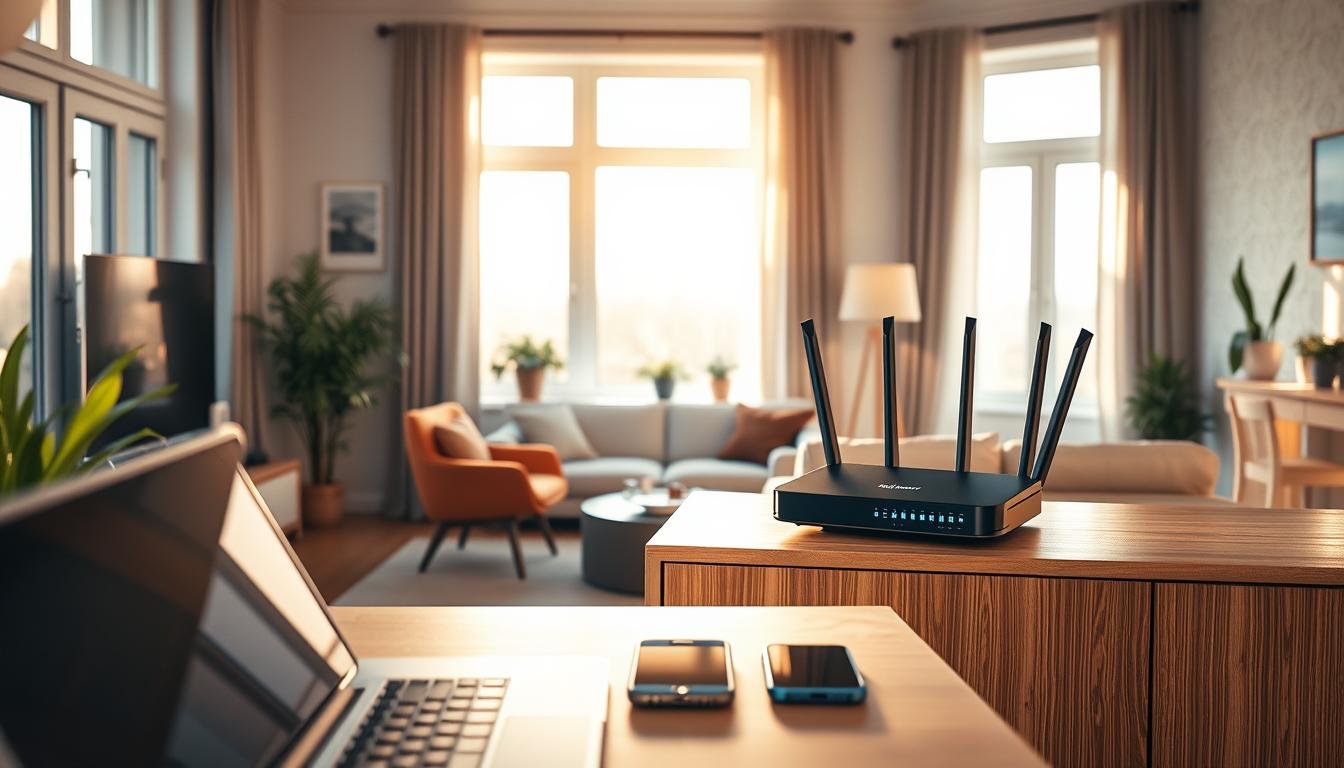 A cozy home interior with a Telecombrother internet router prominently displayed on a sleek, modern wooden cabinet. The room is bathed in warm, natural lighting from large windows, casting a soft glow across the minimalist decor. In the foreground, a laptop and smartphone are positioned, suggesting the need for reliable, high-speed internet connectivity. The middle ground showcases a comfortable sofa and accent chairs, creating an inviting space for remote work or entertainment. The background features subtle wallpaper patterns and potted plants, enhancing the sense of domestic tranquility. The overall atmosphere conveys the importance of choosing the right broadband solution to support a harmonious, connected living environment.