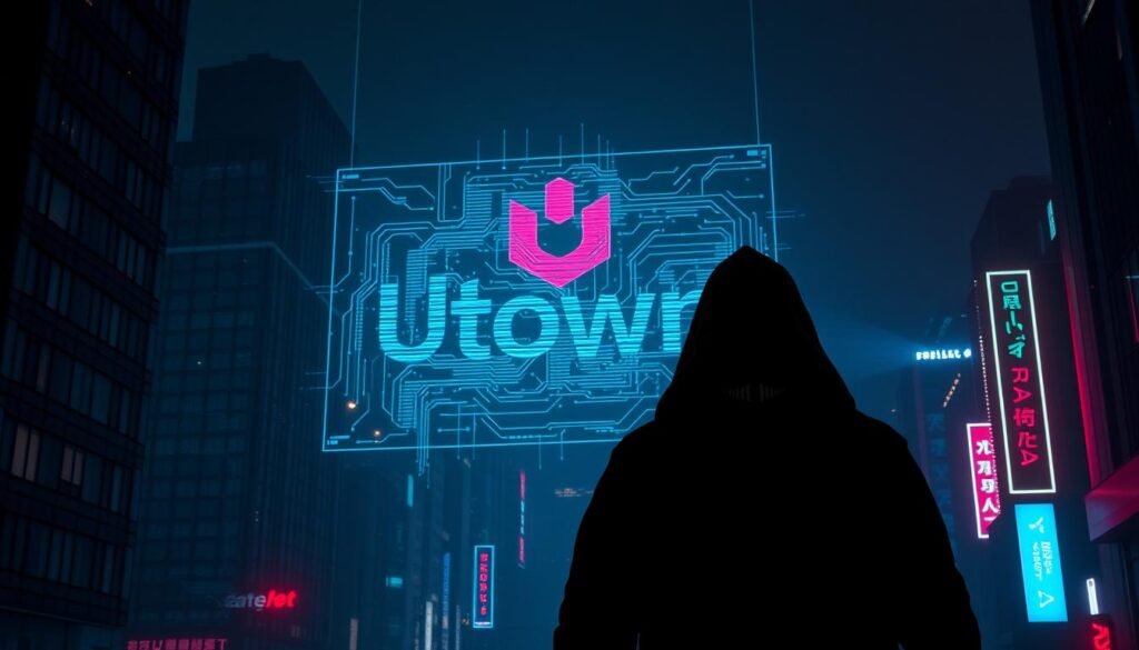 A dark and ominous cityscape, a shadowy figure with a hood and mask lurking in the foreground, neon lights casting an eerie glow. In the middle ground, a holographic projection of the UTown logo, distorted and glitching, symbolizing the deception and fraud. In the background, a complex web of interconnected circuits and data streams, hinting at the sophisticated nature of the scam. The overall atmosphere is one of suspense, unease, and the sense that something sinister is at play. A dark and ominous cityscape, a shadowy figure with a hood and mask lurking in the foreground, neon lights casting an eerie glow. In the middle ground, a holographic projection of the UTown logo, distorted and glitching, symbolizing the deception and fraud. In the background, a complex web of interconnected circuits and data streams, hinting at the sophisticated nature of the scam. The overall atmosphere is one of suspense, unease, and the sense that something sinister is at play.