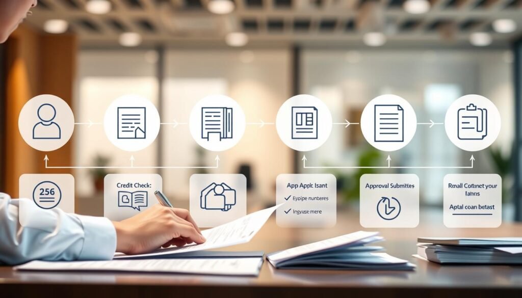 A detailed financial application process shown in a clean, modern illustration. In the foreground, a person carefully reviewing documents and filling out forms on a desk. In the middle ground, icons and infographic elements illustrate the various steps - identification, credit check, application submission, and approval. The background features a soft, blurred office environment with subtle lighting, suggesting a professional, trustworthy setting. The overall mood is one of efficiency, reliability, and attention to detail, reflecting the practical nature of a small loan application. A detailed financial application process shown in a clean, modern illustration. In the foreground, a person carefully reviewing documents and filling out forms on a desk. In the middle ground, icons and infographic elements illustrate the various steps - identification, credit check, application submission, and approval. The background features a soft, blurred office environment with subtle lighting, suggesting a professional, trustworthy setting. The overall mood is one of efficiency, reliability, and attention to detail, reflecting the practical nature of a small loan application.