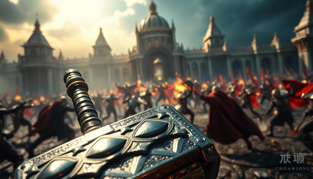 A dynamic, high-stakes scene of the iconic hammer of Thor, the Mjolnir, amidst a strategic battleground. The foreground showcases the mighty hammer, its metallic surface gleaming under dramatic lighting, casting powerful shadows. In the middle ground, warriors clash in an intense combat, their movements frozen in time, the tension palpable. The background depicts a grand, UTown-inspired architectural landscape, infusing the scene with a sense of epic grandeur. The overall composition conveys the essence of "雷神之鎚遊戲策略" - a thrilling blend of raw power, tactical brilliance, and the pursuit of victory.
