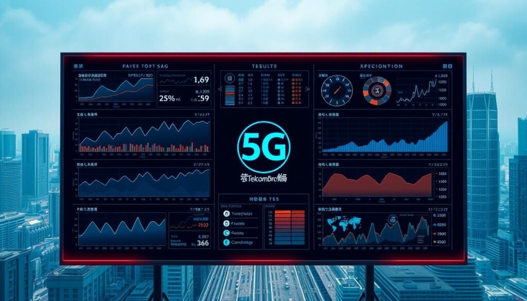 A high-resolution, detailed image of 5G network performance test results, showcasing a sleek, technical aesthetic. The foreground features a grid-like display with various data visualizations, such as line graphs, bar charts, and heat maps, depicting 5G network speed, latency, and coverage across different regions of Hong Kong. The middle ground includes a central Telecombrother logo, surrounded by technical elements like circuit boards, antennas, and data transmission symbols. The background depicts a modern, minimalist cityscape with skyscrapers and infrastructure, bathed in a cool, blue-tinted lighting to convey a sense of technological prowess and innovation. A high-resolution, detailed image of 5G network performance test results, showcasing a sleek, technical aesthetic. The foreground features a grid-like display with various data visualizations, such as line graphs, bar charts, and heat maps, depicting 5G network speed, latency, and coverage across different regions of Hong Kong. The middle ground includes a central Telecombrother logo, surrounded by technical elements like circuit boards, antennas, and data transmission symbols. The background depicts a modern, minimalist cityscape with skyscrapers and infrastructure, bathed in a cool, blue-tinted lighting to convey a sense of technological prowess and innovation.