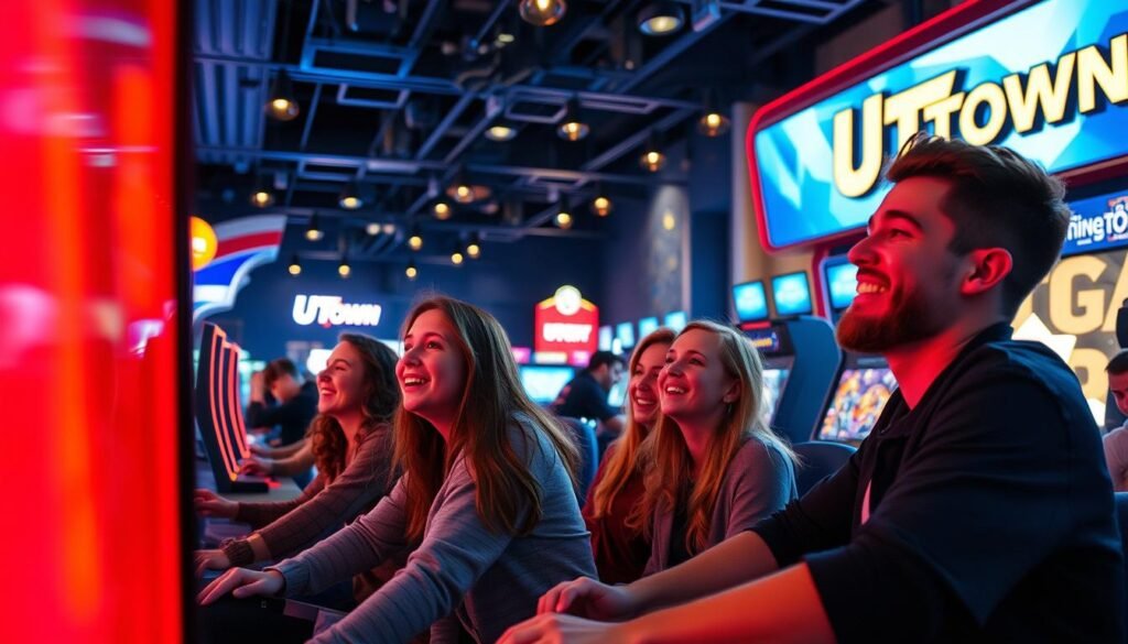 A lively scene set in the UTown entertainment center, capturing the immersive player experience. In the foreground, a group of friends eagerly engage in a captivating game, their expressions animated with excitement. The middle ground showcases the vibrant and modern gaming facilities, with sleek consoles and displays. The background depicts the warm, inviting atmosphere of the venue, with ambient lighting and a sense of energy and anticipation. The overall composition conveys the sense of camaraderie, entertainment, and the high-quality experience that UTown strives to provide its players. A lively scene set in the UTown entertainment center, capturing the immersive player experience. In the foreground, a group of friends eagerly engage in a captivating game, their expressions animated with excitement. The middle ground showcases the vibrant and modern gaming facilities, with sleek consoles and displays. The background depicts the warm, inviting atmosphere of the venue, with ambient lighting and a sense of energy and anticipation. The overall composition conveys the sense of camaraderie, entertainment, and the high-quality experience that UTown strives to provide its players.