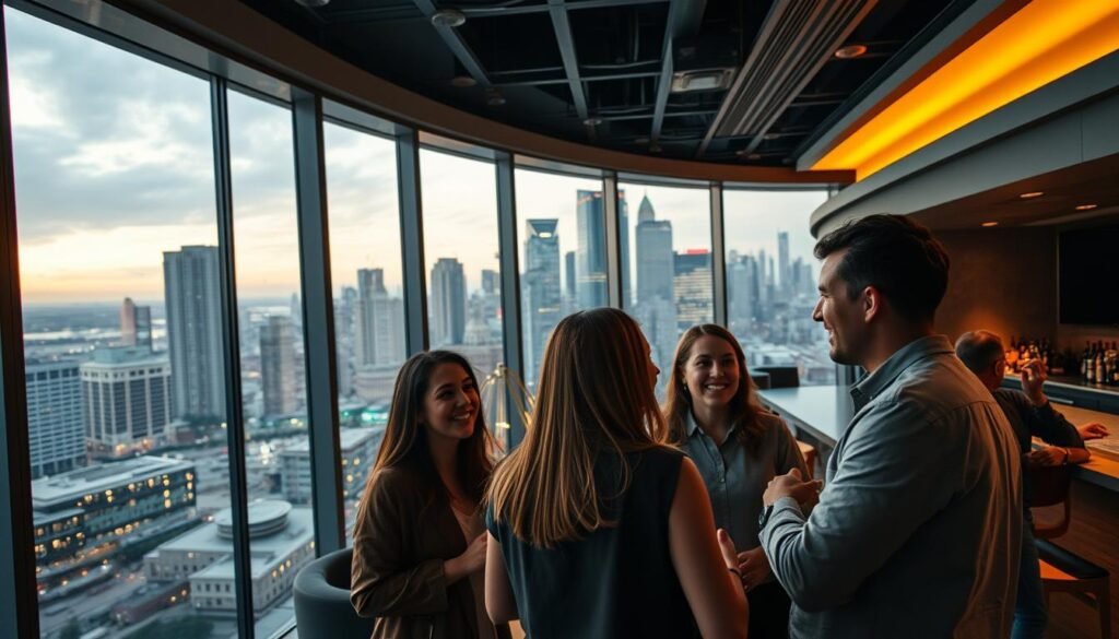 A modern, sleek interior of the UTown entertainment center, featuring floor-to-ceiling windows overlooking a bustling city skyline. Warm, ambient lighting creates a cozy, inviting atmosphere. In the foreground, a group of friends engage in lively conversation, their faces expressing a sense of trust and comfort. The middle ground showcases the center's high-end amenities, including a stylish lounge area and a well-stocked bar. The background depicts the city skyline, with towering skyscrapers and a vibrant, dynamic energy. The overall scene conveys a feeling of relaxation, community, and a strong sense of long-term trust and loyalty among the UTown patrons. A modern, sleek interior of the UTown entertainment center, featuring floor-to-ceiling windows overlooking a bustling city skyline. Warm, ambient lighting creates a cozy, inviting atmosphere. In the foreground, a group of friends engage in lively conversation, their faces expressing a sense of trust and comfort. The middle ground showcases the center's high-end amenities, including a stylish lounge area and a well-stocked bar. The background depicts the city skyline, with towering skyscrapers and a vibrant, dynamic energy. The overall scene conveys a feeling of relaxation, community, and a strong sense of long-term trust and loyalty among the UTown patrons.