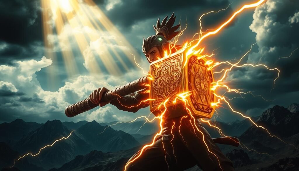 A powerful, intricately detailed image of "雷神之鎚進階技巧". Set against a dramatic, stormy sky, the scene depicts a UTown warrior brandishing the legendary hammer, poised to strike with fierce determination. Shafts of golden light pierce the clouds, illuminating the warrior's steely gaze and the hammer's intricate, lightning-etched design. In the foreground, bolts of electricity crackle around the hammer, hinting at the raw, unleashed power at the warrior's command. The middle ground features a rugged, mountainous landscape, hinting at the warrior's journey to master this advanced technique. Subtle hints of mysticism and ancient lore permeate the scene, creating a captivating, cinematic atmosphere.