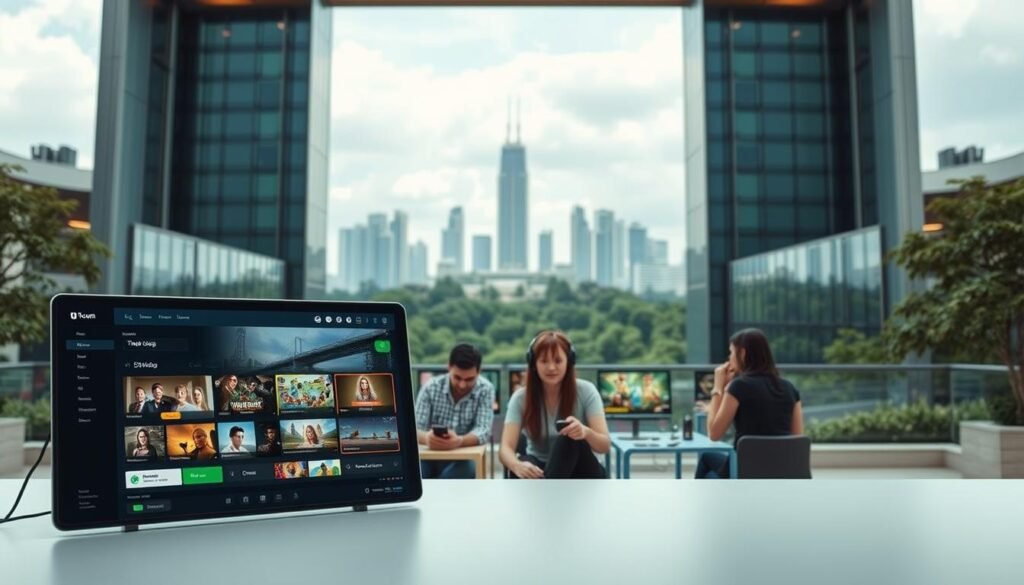 A serene and inviting online gaming platform, UTown, set against a backdrop of sleek, modern architecture and a tranquil natural landscape. The foreground features a well-designed user interface, showcasing seamless navigation and intuitive controls, inviting users to engage in a diverse array of gaming experiences. The middle ground presents a group of players immersed in their favorite games, their expressions conveying a sense of excitement and satisfaction. In the background, a skyline of towering buildings and lush greenery creates a calming, yet dynamic atmosphere, suggesting a thriving and vibrant digital ecosystem. Soft, diffused lighting and a balanced color palette evoke a sense of trust and reliability, making UTown an appealing choice for discerning players seeking a dependable and engaging online gaming destination.