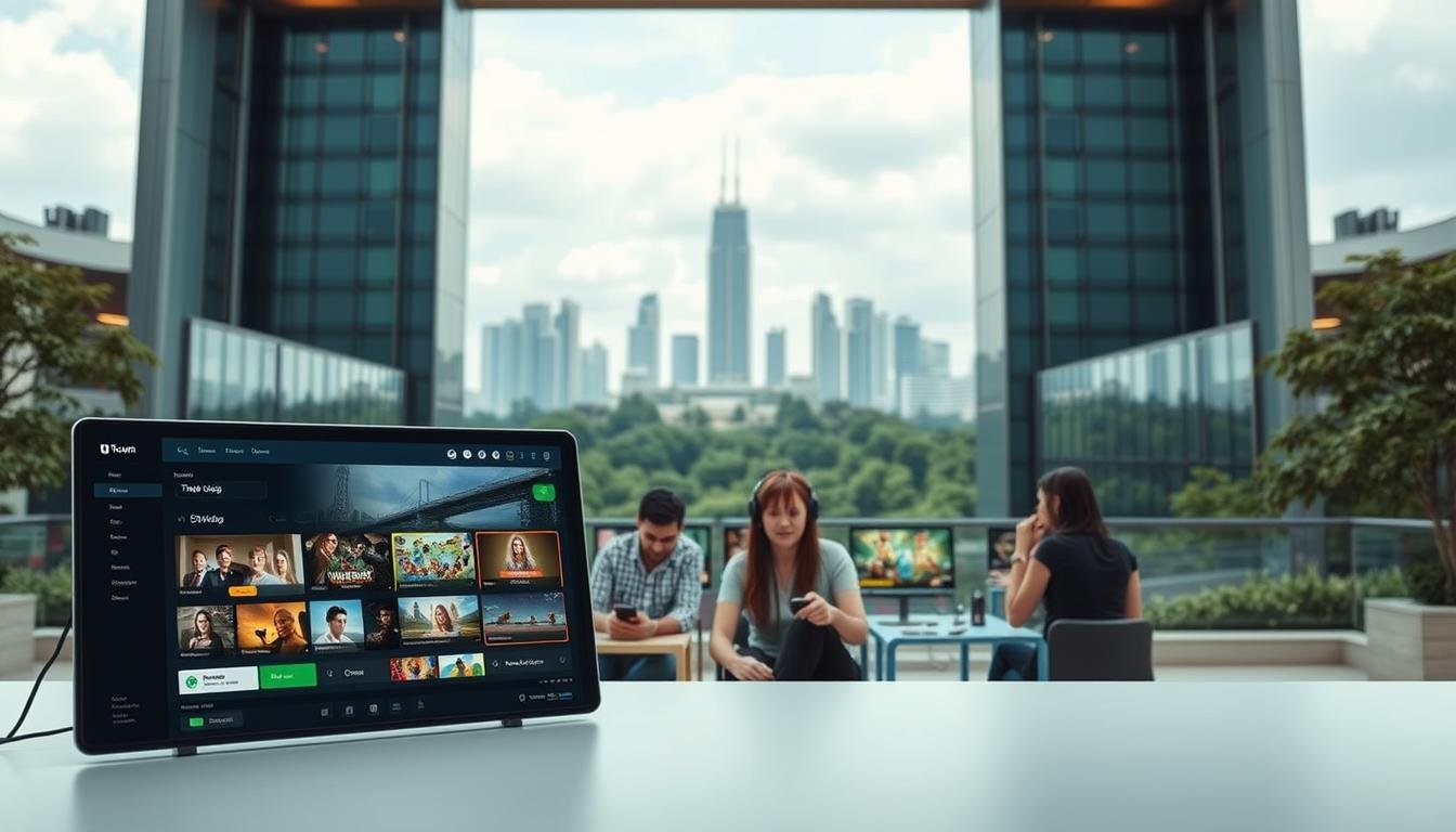 A serene and inviting online gaming platform, UTown, set against a backdrop of sleek, modern architecture and a tranquil natural landscape. The foreground features a well-designed user interface, showcasing seamless navigation and intuitive controls, inviting users to engage in a diverse array of gaming experiences. The middle ground presents a group of players immersed in their favorite games, their expressions conveying a sense of excitement and satisfaction. In the background, a skyline of towering buildings and lush greenery creates a calming, yet dynamic atmosphere, suggesting a thriving and vibrant digital ecosystem. Soft, diffused lighting and a balanced color palette evoke a sense of trust and reliability, making UTown an appealing choice for discerning players seeking a dependable and engaging online gaming destination.