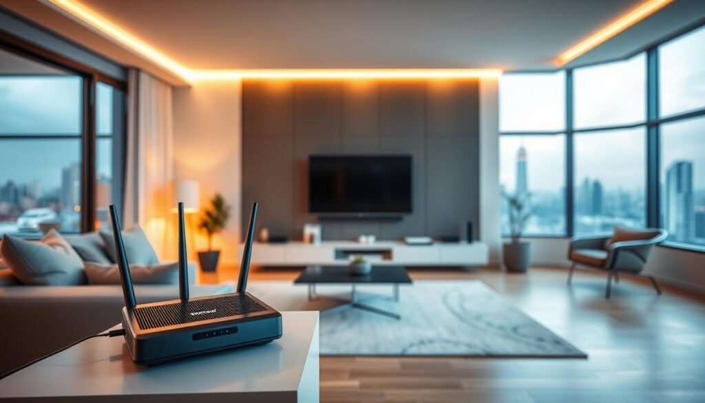 A sleek, modern home interior with a prominent display of a Telecombrother high-speed internet router on a minimalist side table. The room is bathed in warm, ambient lighting, creating a cozy and inviting atmosphere. The middle ground features a clean, uncluttered layout with a comfortable sofa and a large, flat-screen television, hinting at the seamless integration of high-quality broadband connectivity. In the background, floor-to-ceiling windows offer a panoramic view of a bustling urban skyline, emphasizing the importance of reliable and fast internet access in a modern, connected home. A sleek, modern home interior with a prominent display of a Telecombrother high-speed internet router on a minimalist side table. The room is bathed in warm, ambient lighting, creating a cozy and inviting atmosphere. The middle ground features a clean, uncluttered layout with a comfortable sofa and a large, flat-screen television, hinting at the seamless integration of high-quality broadband connectivity. In the background, floor-to-ceiling windows offer a panoramic view of a bustling urban skyline, emphasizing the importance of reliable and fast internet access in a modern, connected home.