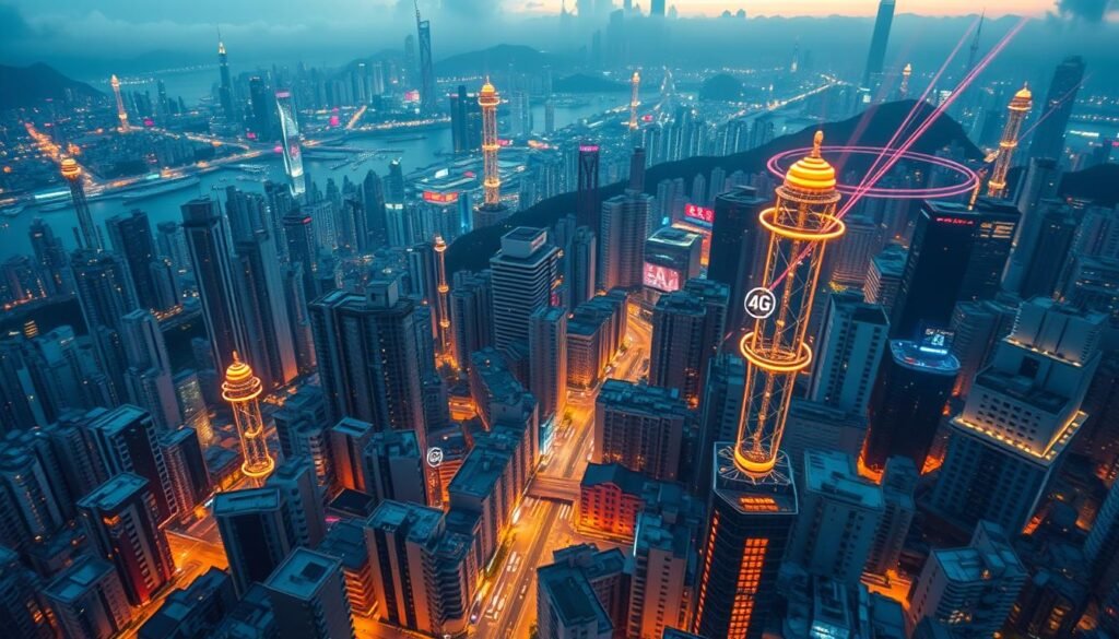 Detailed 5G network coverage map of Hong Kong, showcasing the comprehensive Telecombrother 5G infrastructure. Sweeping aerial view of the cityscape, with glowing 5G cell towers and signal beams emanating from rooftops and streetlamps. Vibrant colors and dynamic lighting depict the fast, reliable connectivity powering the bustling urban landscape. Crisp, high-resolution rendering captures the scale and scope of the advanced 5G network, highlighting Telecombrother's commitment to digital transformation in Hong Kong. Detailed 5G network coverage map of Hong Kong, showcasing the comprehensive Telecombrother 5G infrastructure. Sweeping aerial view of the cityscape, with glowing 5G cell towers and signal beams emanating from rooftops and streetlamps. Vibrant colors and dynamic lighting depict the fast, reliable connectivity powering the bustling urban landscape. Crisp, high-resolution rendering captures the scale and scope of the advanced 5G network, highlighting Telecombrother's commitment to digital transformation in Hong Kong.