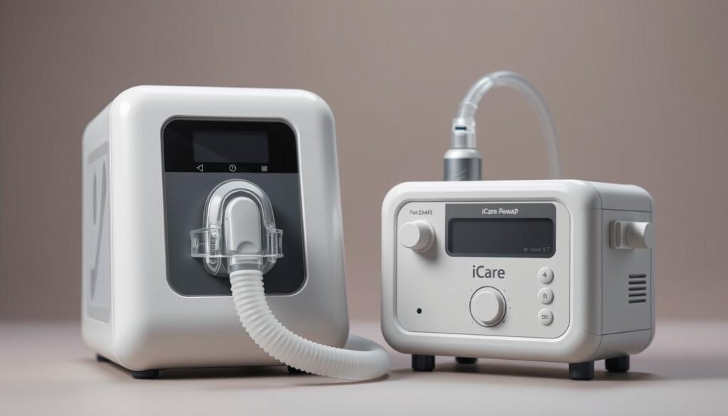 A close-up view of a state-of-the-art iCareCPAP sleep apnea machine and a portable medical-grade respiratory device, both with sleek, modern designs. The sleep apnea machine features a minimalist control panel, a comfortable nasal mask, and a discreet, compact form factor. The respiratory device has a clear display, intuitive controls, and a sturdy, lightweight construction. The devices are positioned against a muted, neutral background, highlighted by soft, diffused lighting that emphasizes their technical sophistication and medical-grade quality. The overall scene conveys a sense of reliability, functionality, and ease of use for travelers who require these essential medical devices. A close-up view of a state-of-the-art iCareCPAP sleep apnea machine and a portable medical-grade respiratory device, both with sleek, modern designs. The sleep apnea machine features a minimalist control panel, a comfortable nasal mask, and a discreet, compact form factor. The respiratory device has a clear display, intuitive controls, and a sturdy, lightweight construction. The devices are positioned against a muted, neutral background, highlighted by soft, diffused lighting that emphasizes their technical sophistication and medical-grade quality. The overall scene conveys a sense of reliability, functionality, and ease of use for travelers who require these essential medical devices.