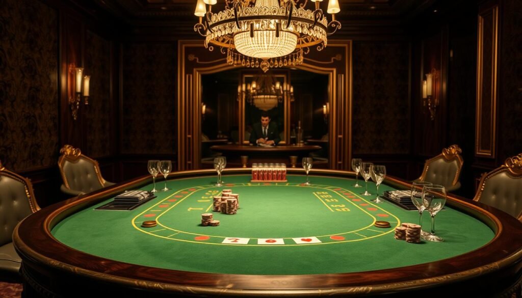 A lavishly detailed baccarat table set against a richly textured, dimly lit casino interior. The green felt surface commands the center, flanked by gilded wooden edges and ornate, carved leg supports. Crystal-clear glasses and stacks of casino chips line the perimeter, while the dealer's alcove is visible in the background, shrouded in moody shadows. Overhead, a large, elegant chandelier casts a warm, ambient glow across the scene, creating a sophisticated, high-stakes atmosphere. The arrangement of the objects and the lighting evoke a sense of elegance, exclusivity, and the careful consideration of the rules and customs of this classic casino game.