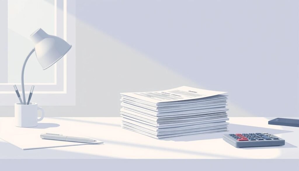 A serene, minimalist illustration depicting the concept of "reducing credit checks". A stack of documents representing credit reports sits on a clean, white desk, surrounded by simple office supplies like a pen and a calculator. Soft, diffused lighting from an unseen window casts a warm, calming glow on the scene. The overall mood is one of organization, efficiency, and a sense of control over financial matters. The focus is on the documents, conveying the idea of streamlining and minimizing the number of credit checks required.
