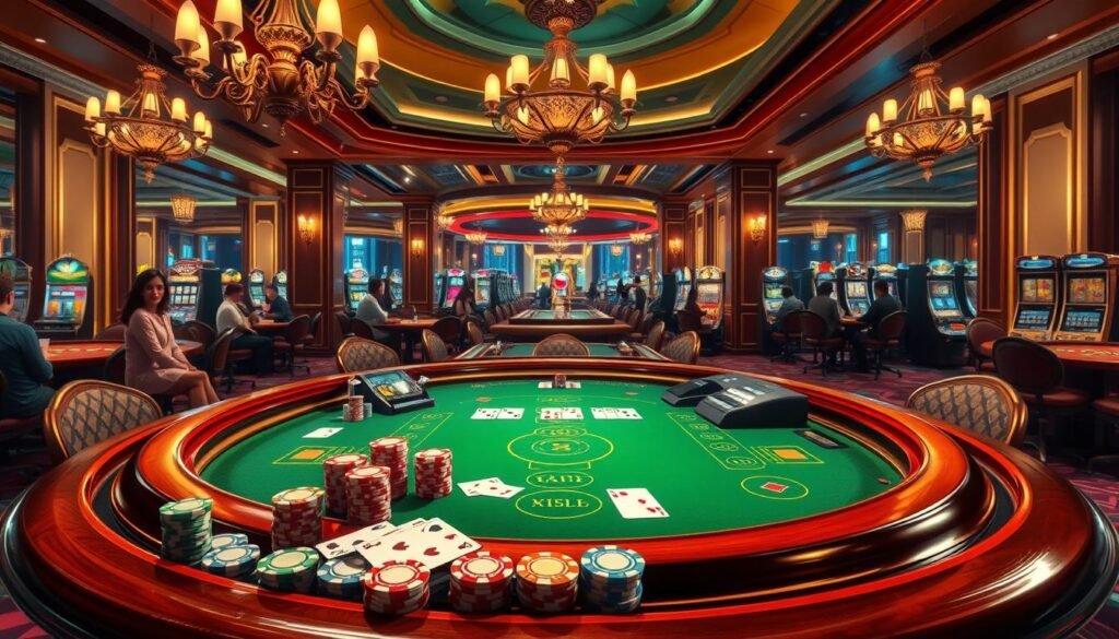 A visually striking and meticulously detailed illustration of the classic casino game Baccarat. Set against a softly lit, opulent casino interior, the focal point is a luxurious Baccarat table with elegant wooden trim and a lush green felt surface. The table is flanked by ornate chandeliers casting a warm, ambient glow. In the foreground, playing cards, poker chips, and other gaming paraphernalia are arranged in an artful, still-life composition, conveying the game's rules and gameplay. The background features a panoramic view of the casino floor, with patrons engaged in various table games and slot machines, creating an atmosphere of high-stakes excitement and luxury.