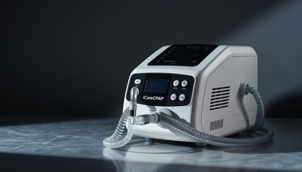 Highly detailed and accurate image of a medical device for sleep apnea treatment. A sleek, modern CPAP machine with the brand name "iCareCPAP" prominently displayed. The device features a digital display, various control buttons, and air hose connections. Placed on a reflective, metallic surface against a muted, gray background. Dramatic, directional lighting casts sharp shadows, emphasizing the machine's form and technical features. Captured from a slightly elevated, three-quarter angle to showcase the device's intricate design and engineering. The overall mood is one of clinical precision and technological sophistication. Highly detailed and accurate image of a medical device for sleep apnea treatment. A sleek, modern CPAP machine with the brand name "iCareCPAP" prominently displayed. The device features a digital display, various control buttons, and air hose connections. Placed on a reflective, metallic surface against a muted, gray background. Dramatic, directional lighting casts sharp shadows, emphasizing the machine's form and technical features. Captured from a slightly elevated, three-quarter angle to showcase the device's intricate design and engineering. The overall mood is one of clinical precision and technological sophistication.