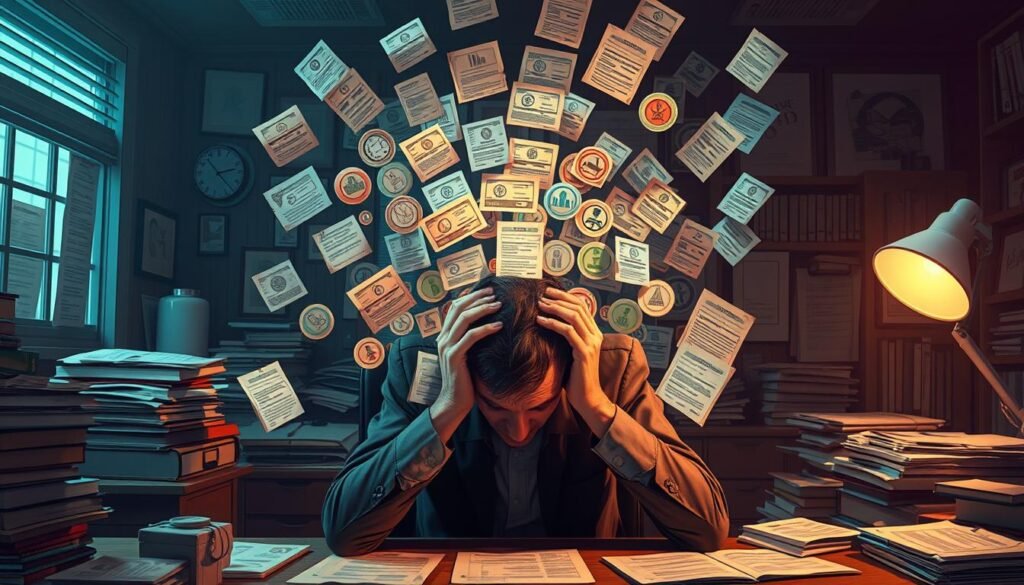 a detailed digital illustration of the impact of excessive credit checks, showcasing a person being overwhelmed by a barrage of credit report icons and documents, set against a dimly lit, cluttered office environment with a sense of anxiety and financial stress