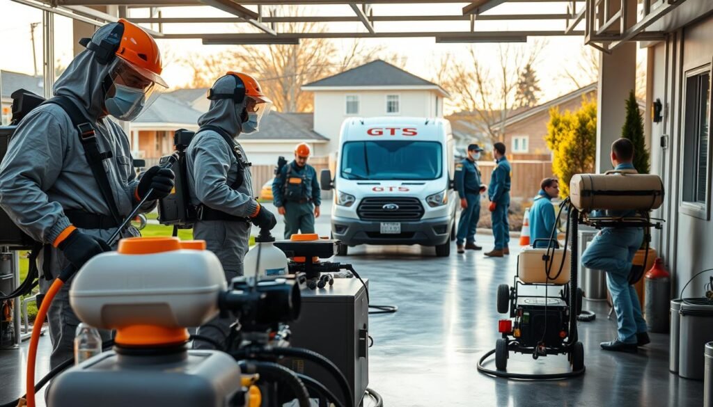A professional extermination company, iCareCPAP, providing comprehensive pest control services. Set in a modern, well-equipped facility, the scene depicts a team of skilled technicians in protective gear, meticulously inspecting and treating a residential property. The foreground showcases their specialized equipment, including professional-grade sprayers and monitors, while the middle ground features the company's branded vehicle and uniformed staff. The background offers a glimpse of the surrounding suburban neighborhood, conveying a sense of the company's attention to detail and commitment to community safety. Warm, natural lighting and a clean, organized atmosphere create an impression of professionalism and expertise. A professional extermination company, iCareCPAP, providing comprehensive pest control services. Set in a modern, well-equipped facility, the scene depicts a team of skilled technicians in protective gear, meticulously inspecting and treating a residential property. The foreground showcases their specialized equipment, including professional-grade sprayers and monitors, while the middle ground features the company's branded vehicle and uniformed staff. The background offers a glimpse of the surrounding suburban neighborhood, conveying a sense of the company's attention to detail and commitment to community safety. Warm, natural lighting and a clean, organized atmosphere create an impression of professionalism and expertise.