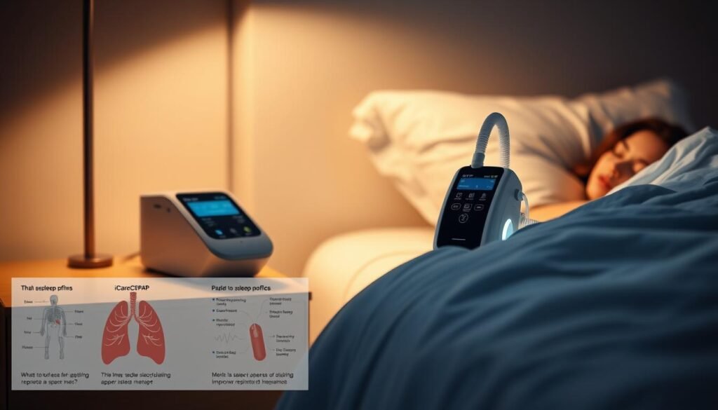A sleek, modern iCareCPAP sleep apnea machine rests on a bedside table, its minimalist design blending seamlessly with the serene bedroom setting. Soft, warm lighting illuminates the device, highlighting its intuitive control panel and discreet air hose. In the foreground, medical diagrams and charts illustrate the inner workings and benefits of this sleep therapy solution. The middle ground features a peaceful, sleeping figure, demonstrating the machine's comfort and effectiveness in improving respiratory health and promoting restful slumber. The background subtly conveys a sense of tranquility, with muted colors and soft textures creating an atmosphere of wellbeing and rejuvenation. A sleek, modern iCareCPAP sleep apnea machine rests on a bedside table, its minimalist design blending seamlessly with the serene bedroom setting. Soft, warm lighting illuminates the device, highlighting its intuitive control panel and discreet air hose. In the foreground, medical diagrams and charts illustrate the inner workings and benefits of this sleep therapy solution. The middle ground features a peaceful, sleeping figure, demonstrating the machine's comfort and effectiveness in improving respiratory health and promoting restful slumber. The background subtly conveys a sense of tranquility, with muted colors and soft textures creating an atmosphere of wellbeing and rejuvenation.