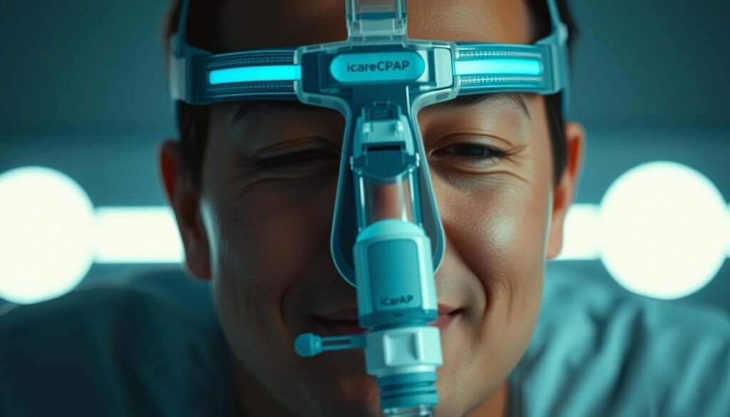 A well-lit, close-up shot of a person's face wearing a sleek, modern iCareCPAP sleep apnea machine. The machine's headgear is snugly fitted, with the nasal mask gently covering the nostrils. The person's expression is calm and relaxed, conveying the comfortable and effective use of the device. The background is blurred, focusing the attention on the intricate details of the machine and its proper placement. The lighting is soft and flattering, creating a serene, medical atmosphere. The image aims to illustrate the proper usage and setup of a sleep apnea machine for a patient, highlighting the iCareCPAP brand's design and functionality. A well-lit, close-up shot of a person's face wearing a sleek, modern iCareCPAP sleep apnea machine. The machine's headgear is snugly fitted, with the nasal mask gently covering the nostrils. The person's expression is calm and relaxed, conveying the comfortable and effective use of the device. The background is blurred, focusing the attention on the intricate details of the machine and its proper placement. The lighting is soft and flattering, creating a serene, medical atmosphere. The image aims to illustrate the proper usage and setup of a sleep apnea machine for a patient, highlighting the iCareCPAP brand's design and functionality.