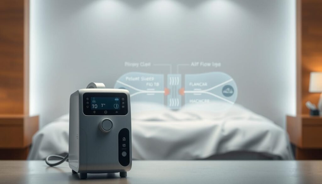 A sleek, modern iCareCPAP sleep apnea machine stands prominently in the foreground, its clean lines and intuitive controls suggesting advanced functionality. In the middle ground, an intricate diagram showcases the machine's inner workings, depicting the air flow paths and mechanisms that regulate breathing during sleep. The background is softly blurred, allowing the viewer to focus on the device's key features and technical details. The lighting is subtle and evenly distributed, creating a calm, clinical atmosphere that conveys the machine's purpose of providing comfortable, effective sleep therapy.