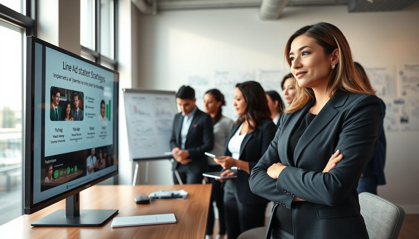 A modern office setting with a diverse team of professionals engaged in a strategic meeting. In the foreground, a confident businesswoman in a formal suit points to a digital presentation on a screen, illustrating the implementation of Line's ad strategies. The middle section shows her colleagues, a mix of genders and ethnicities, taking notes and discussing strategies, all dressed in professional business attire. In the background, a whiteboard filled with diagrams and charts emphasizes collaborative planning. Soft, natural light filters through large windows, casting a warm glow over the scene, creating an atmosphere of creativity and teamwork. The camera angle is slightly elevated, capturing the dynamic interaction among team members.