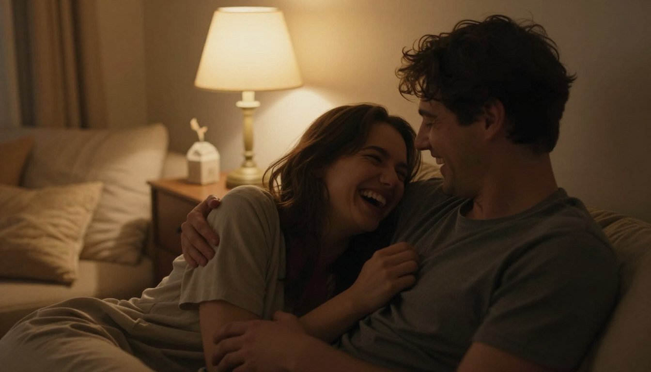 A cozy, intimate setting capturing a couple engaged in a tender moment, showcasing connection and romance. In the foreground, the couple appears to be laughing and sharing a private moment, both dressed in comfortable yet modest clothing. The middle ground features a softly lit room with warm light emanating from a vintage lamp, casting gentle shadows that enhance the cozy atmosphere. In the background, soft furnishings like plush cushions and delicate decor elements emphasize a sense of privacy and warmth. The overall mood conveys a celebration of intimacy, highlighting the joy and emotional bond between partners. The scene should evoke feelings of closeness and affection, with a cinematic quality, framed in a 4:3 aspect ratio.