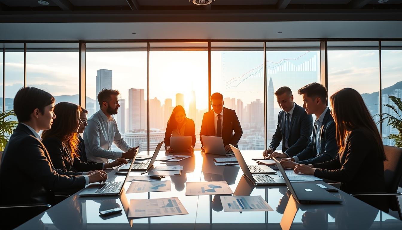 A modern corporate scene showcasing the OneStart audit service in action. In the foreground, a diverse group of professionals in business attire are engaged in a collaborative discussion around a sleek conference table filled with laptops, financial documents, and data visualizations. The middle ground features a large window with a view of Hong Kong's skyline, illuminated by the soft glow of the setting sun, creating a vibrant atmosphere. In the background, a digital display highlights key performance indicators and graphs, emphasizing the advanced analytical tools utilized. The lighting is warm and inviting, casting soft shadows, enhancing the ambiance of professionalism and teamwork. The image captures the essence of innovation, trust, and expertise in the auditing field, encapsulating the core advantages and professional value of OneStart.