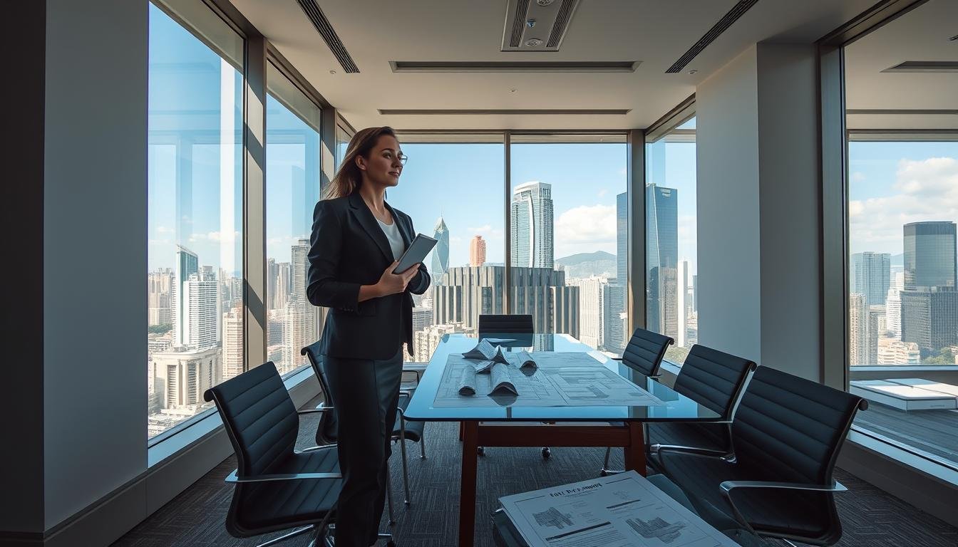 A modern office space in Wan Chai, Hong Kong, showcasing a sleek and professional atmosphere. In the foreground, a professional business woman, dressed in a tailored blazer and holding a tablet, stands beside a large window overlooking the city skyline. The middle ground features a spacious office with contemporary furniture, including a glass conference table and ergonomic chairs, with architectural plans and rental agreements neatly arranged on the table. The background displays the bustling city outside, with skyscrapers under a clear blue sky. Soft natural light filters in, creating an inviting and productive mood, while a wide-angle view captures the essence of a prime office rental space.