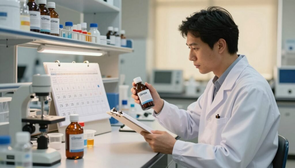 A professional business setting focused on quality control of liquid products, featuring a scientist in a lab coat examining a bottle of climax liquid with a clipboard. In the foreground, a well-lit laboratory bench is adorned with precise measuring instruments and sample containers. The middle ground includes a clear view of a calendar marked with expiration dates and a chart outlining storage conditions. The background features shelves stocked with various laboratory equipment, softly illuminated by warm lighting to create a welcoming atmosphere. The angle showcases the scientist from a three-quarters perspective, creating a dynamic and engaging composition that conveys professionalism and attention to detail. The overall mood is calm and focused, encouraging trust in the quality and safety of the product.