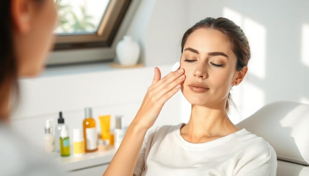 A serene and professional skincare treatment scene following a laser spot removal session. In the foreground, a woman in modest casual attire applies a soothing moisturizer to her gently glowing skin, showcasing care and attentiveness. In the middle, a neatly organized skincare setup with products like serums, sunscreens, and healing balms arranged on a clean white countertop. The background features a softly lit treatment room with minimalist decor, creating a calming atmosphere. Natural light streams through a window, highlighting the woman's focused expression and the smooth texture of her post-treatment skin. The overall mood is one of tranquility and self-care, emphasizing the importance of skin maintenance after laser treatment.