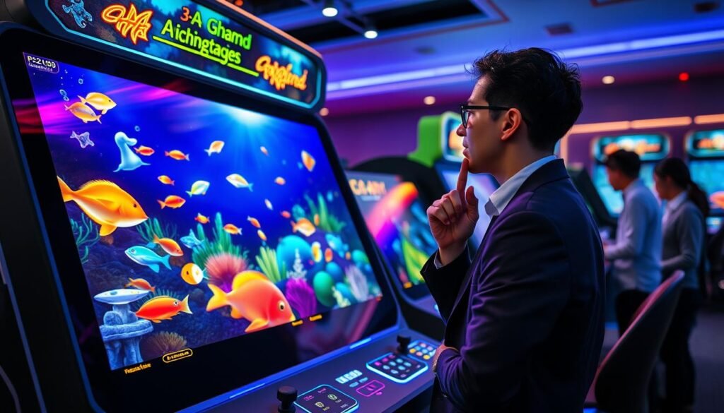 Create an engaging scene showcasing a modern fishing game machine equipped with advanced multi-touch technology by the brand "3A". In the foreground, depict a vibrant, colorful touchscreen display filled with animated fish and ocean graphics, reflecting an immersive gaming interface. In the middle ground, include the machine’s sleek design featuring bright LED lights and intricate control buttons. In the background, visualize a stylish arcade environment with other gaming machines and subtle ambient lighting, enhancing the atmosphere of excitement and fun. Capture the mood of enjoyment and competition among players, with one individual thoughtfully focusing on the screen, dressed in smart casual attire. Use a slightly elevated angle for a dynamic perspective, with soft, warm lighting to create an engaging and inviting scene.