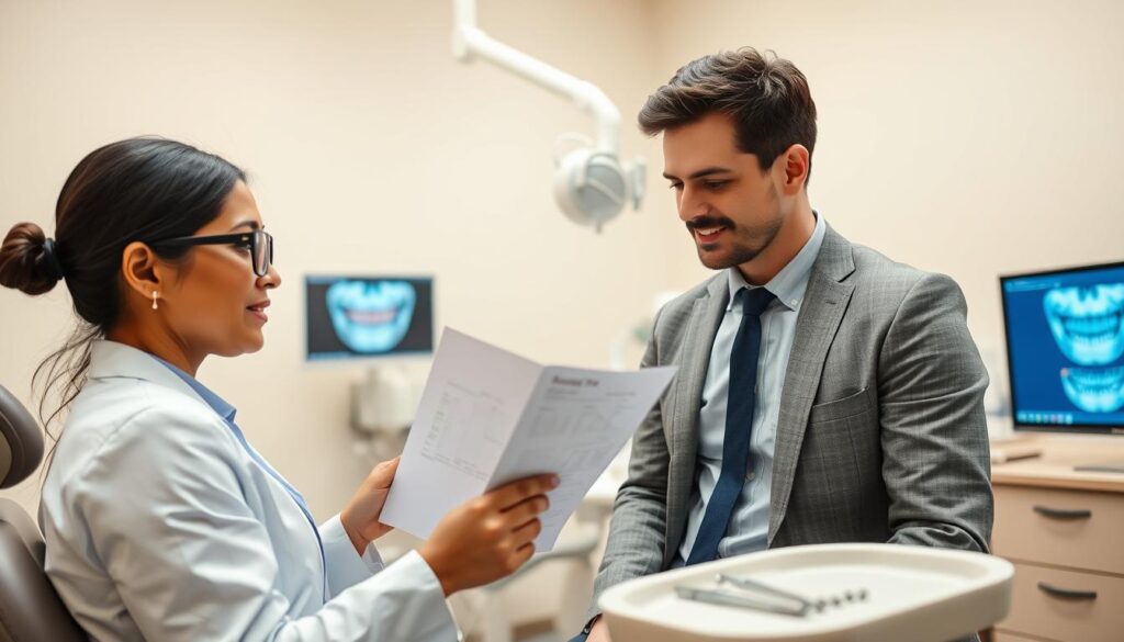 A dental clinic scene focused on "gum sensitivity assessment" with a dentist in professional attire examining a patient. In the foreground, the dentist, a South Asian woman with glasses, is attentively explaining a dental chart to a patient, a Caucasian man in business casual attire who looks engaged and interested. The middle ground features dental equipment like an examination chair, tools neatly arranged on a tray, and a monitor displaying dental images. The background has calming colors, with soft overhead lighting creating a warm atmosphere. The setting is clean and modern, evoking a sense of professionalism and care, suitable for a high-end dental environment. The overall mood is focused and informative, emphasizing the importance of sensitivity assessments in dental care.