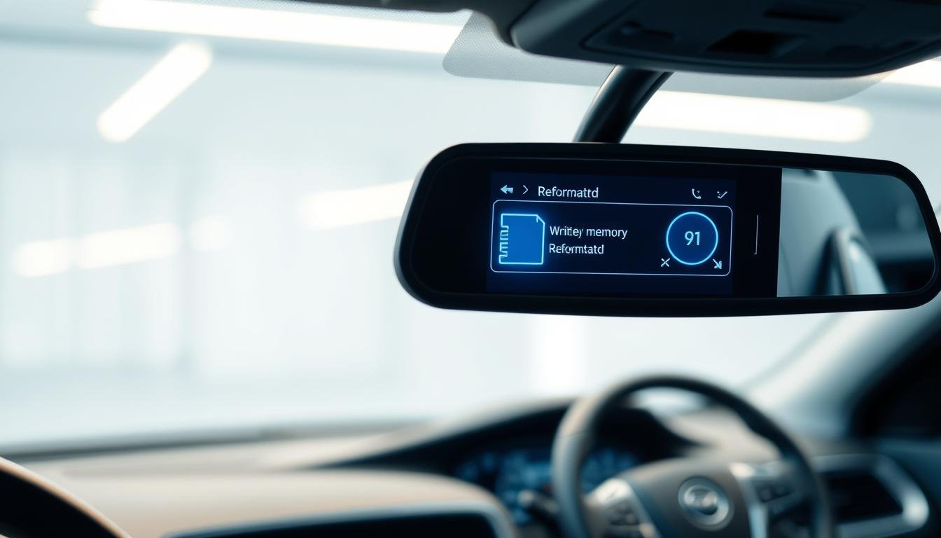 A detailed scene depicting an electronic rearview mirror with a clear focus on a digital memory card being reformatted. The foreground shows the sleek design of the rearview mirror, with its digital display showcasing a graphical interface indicating the formatting process. In the middle ground, emphasize the memory card with a glowing light to symbolize its importance in data writing efficiency. The background features a blurred view of a modern car interior, hinting at advanced technology. Use soft, ambient lighting to create a polished, professional feel, with a shallow depth of field to draw attention to the mirror and memory card. The atmosphere should convey a sense of innovation and reliability.