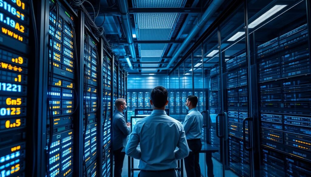A high-tech data center representing the UG Entertainment's backup core server hub in Southeast Asia. In the foreground, towering server racks adorned with blinking LED lights and intricate cabling. The middle ground features technicians in professional business attire monitoring screens displaying network statistics and server health, exuding a sense of determination and focus. In the background, sleek glass panels reveal rows of more servers and advanced cooling systems, bathed in a cool blue and silver lighting that emphasizes a high-tech, secure atmosphere. The angle should showcase a dynamic perspective, highlighting the scale and sophistication of the facility, with soft reflections on the glass for added depth. The overall mood is modern, efficient, and reliable.