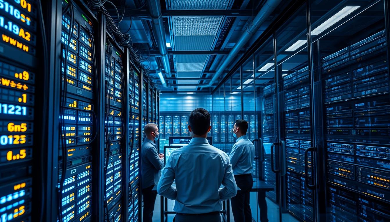 A high-tech data center representing the UG Entertainment's backup core server hub in Southeast Asia. In the foreground, towering server racks adorned with blinking LED lights and intricate cabling. The middle ground features technicians in professional business attire monitoring screens displaying network statistics and server health, exuding a sense of determination and focus. In the background, sleek glass panels reveal rows of more servers and advanced cooling systems, bathed in a cool blue and silver lighting that emphasizes a high-tech, secure atmosphere. The angle should showcase a dynamic perspective, highlighting the scale and sophistication of the facility, with soft reflections on the glass for added depth. The overall mood is modern, efficient, and reliable.