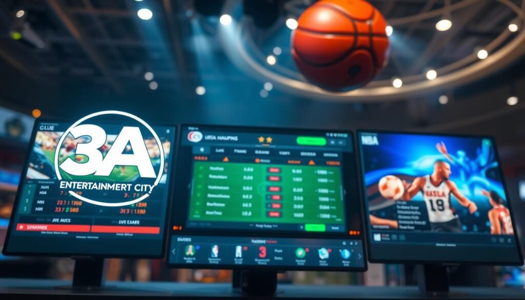 A modern and sophisticated sports betting system interface, showcasing the 3A Entertainment City logo at the forefront. In the foreground, display dynamic graphics of live score updates and statistics from prestigious international sports events like UEFA Champions League and NBA. The middle layer features a sleek interface design with interactive features and icons, depicting real-time betting options. In the background, a blend of visual elements representing various sports, such as a soccer ball and basketball, illuminated under professional lighting. The overall atmosphere is vibrant and engaging, capturing the excitement and technological edge of the 3A Entertainment City sports betting system. The image should have a professional feel, using a high-angle perspective to emphasize the interface's usability and modernity, with no text overlays or distractions.