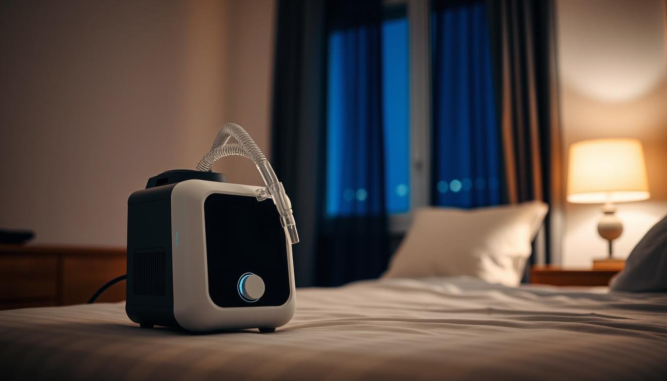 A modern sleep apnea machine prominently displayed in a softly lit, cozy bedroom setting. In the foreground, the machine is sleek and compact, featuring a mask and tubing elegantly connected to it. The middle ground contains a neatly made bed with a soothing, neutral-colored duvet, and a softly glowing bedside lamp casting warm light. In the background, a serene window shows a glimpse of night-time tranquility with dark blue curtains drawn. The atmosphere is calm and inviting, portraying a sense of comfort and peace. Capture the scene with a shallow depth of field to focus on the sleep machine, creating an intimate and informative depiction that emphasizes its role in improving sleep health.